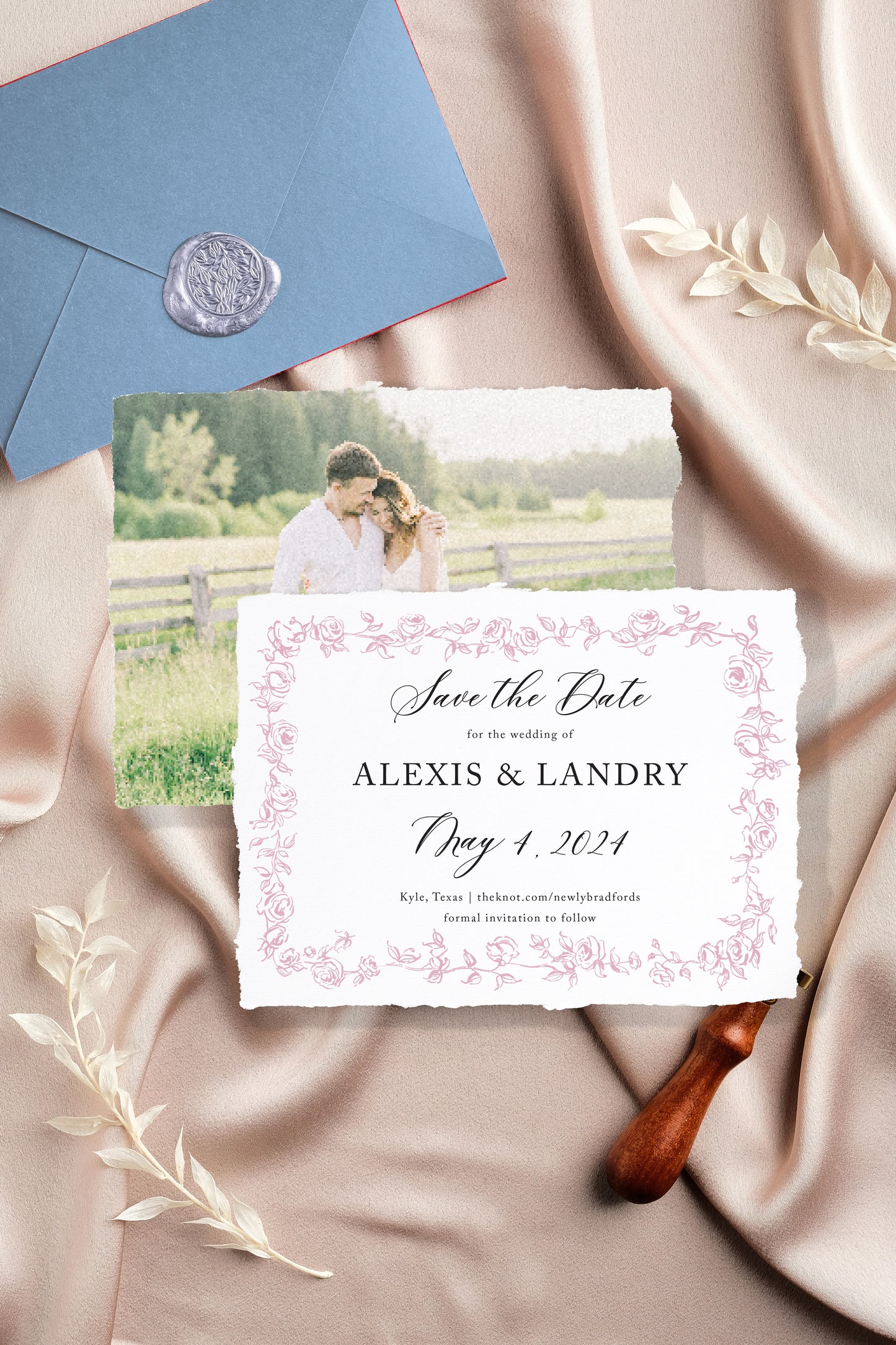 Alexis Save the Date Card - Hand Drawn Roses Frame Horizontal