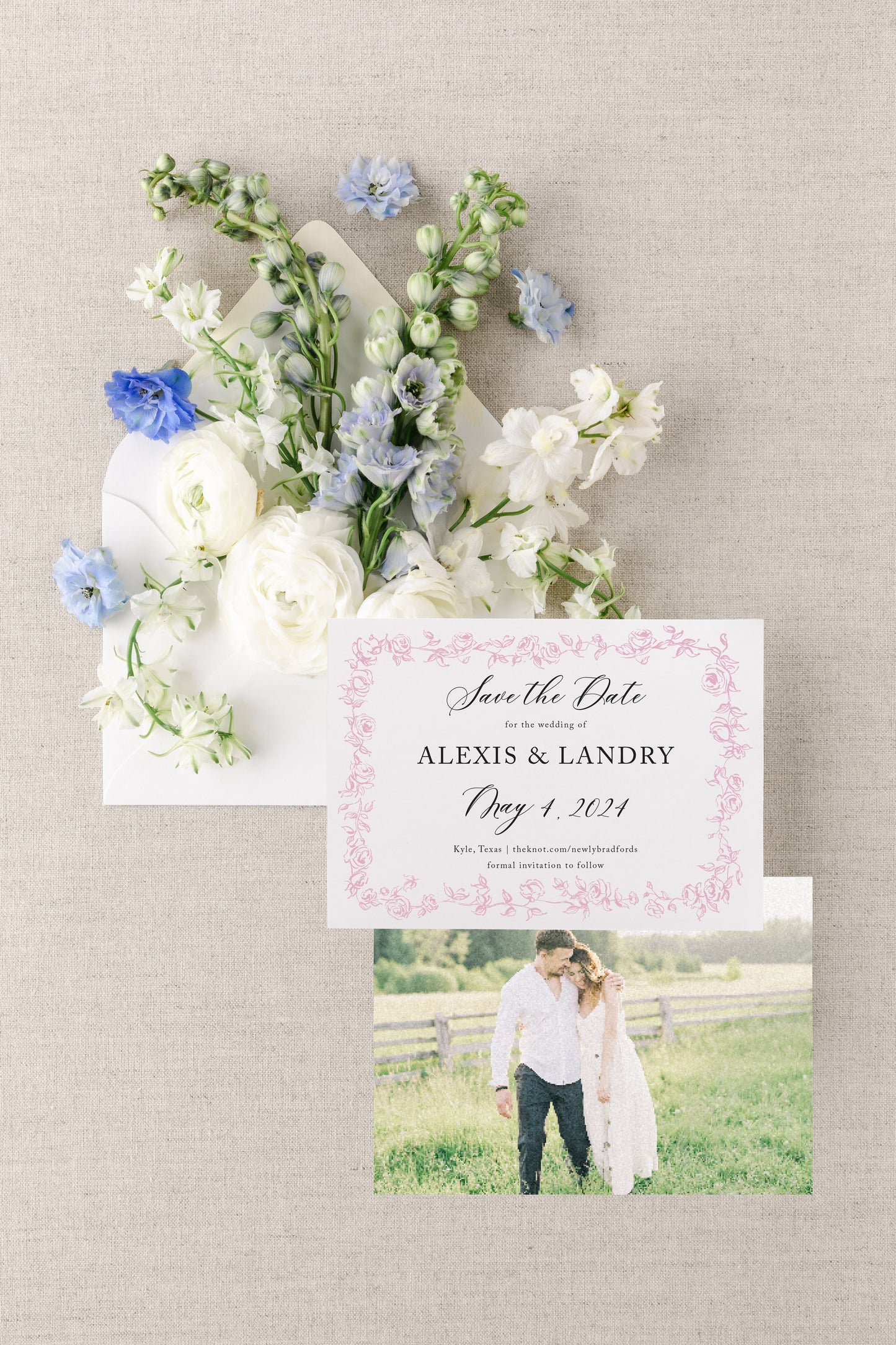 Alexis Save the Date Card - Hand Drawn Roses Frame Horizontal