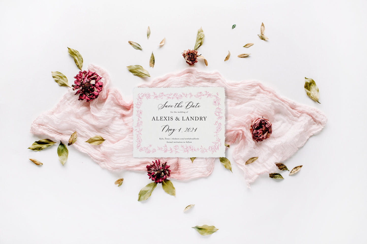 Alexis Save the Date Card - Hand Drawn Roses Frame Horizontal