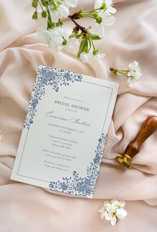 Marielle Dusty Blue Roses Bridal Shower Invitation