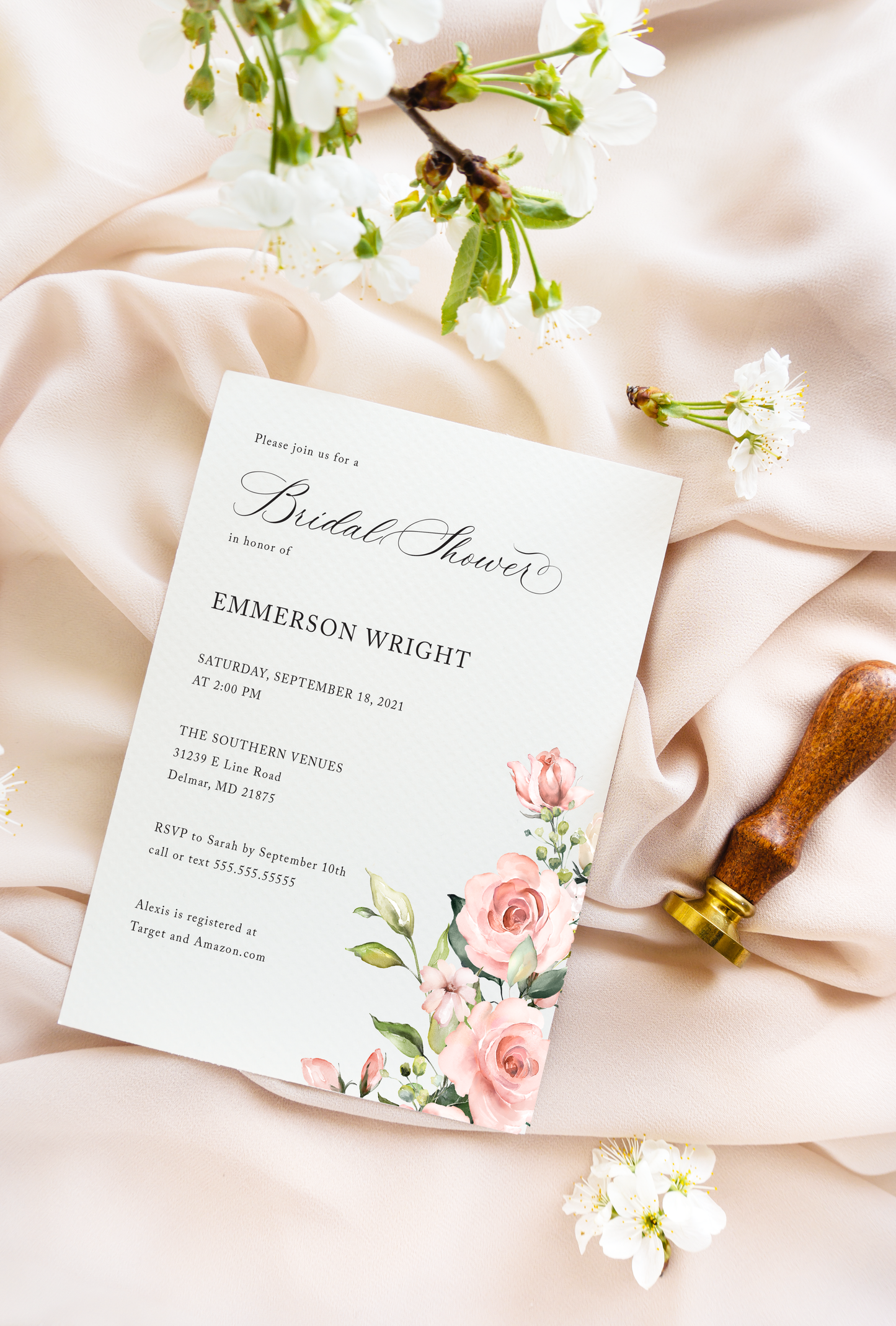 Tabitha Pink Roses Bridal Shower Invitation