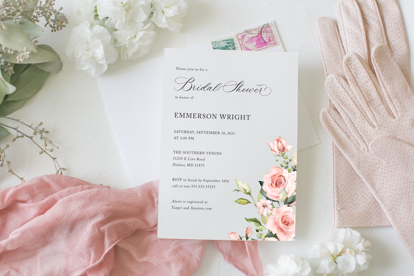 Tabitha Pink Roses Bridal Shower Invitation